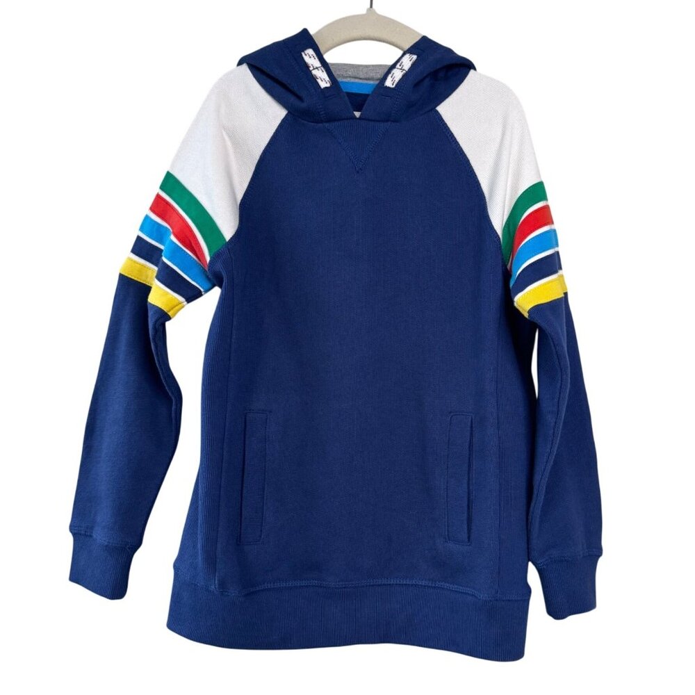 MINI BODEN Rainbow Stripe Hoodie Boys 6-7 Navy Blue Sweatshirt Pockets EUC